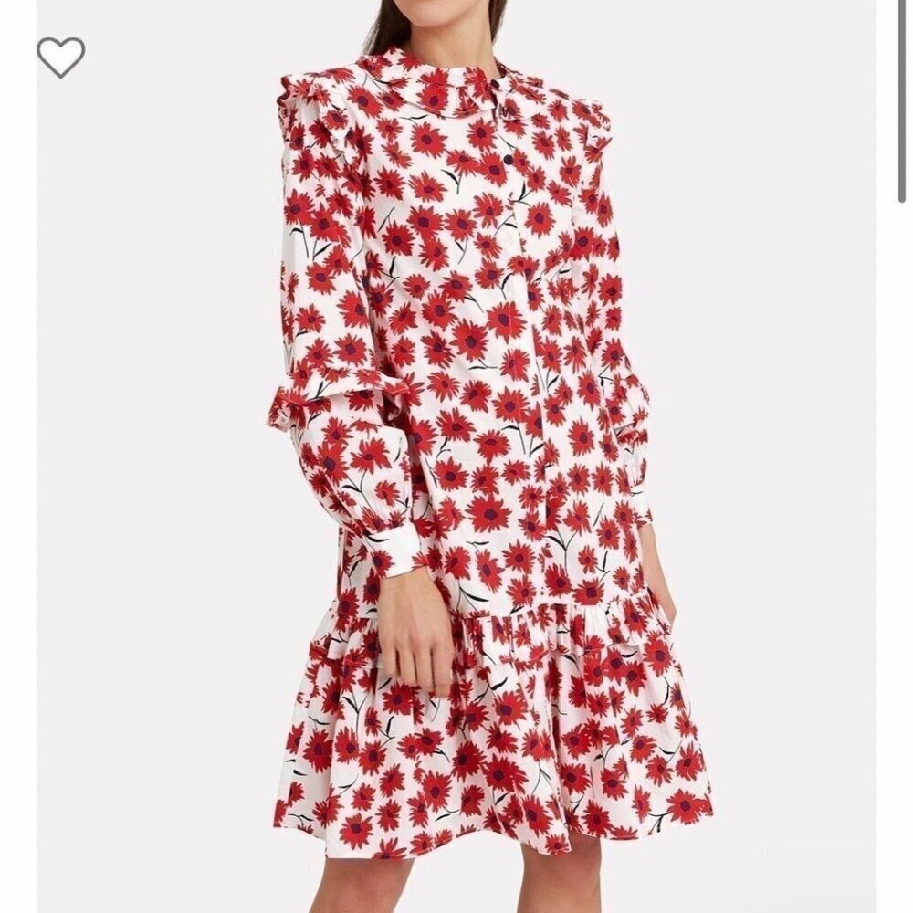 Resume Nanettte 100% Cotton White Red Blue Floral Long Sleeve Ruffle Midi Dress‎